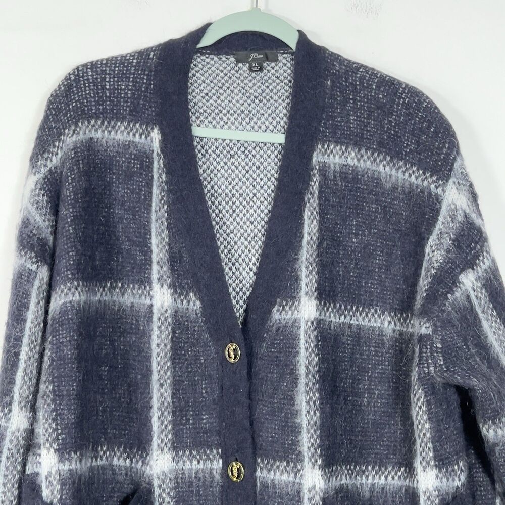 J. Crew Mohair Wool Blend Front Pocket Cardigan Sweater Sz XL Plaid Navy Blue - Picture 2 of 14